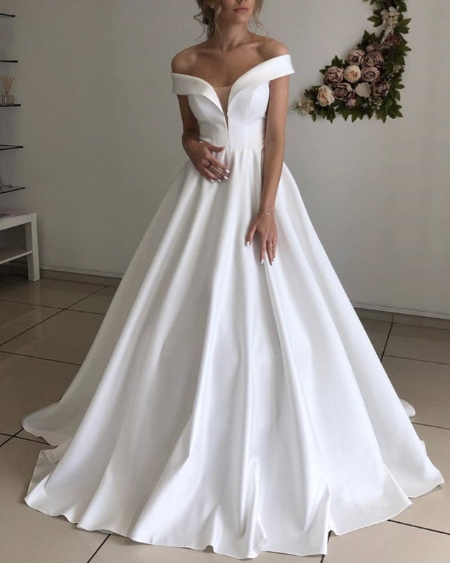 Sleeveless Wedding Dress A Line Satin Off Shoulder – alinanova