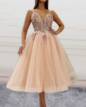 Load image into Gallery viewer, Spaghetti Straps Beaded V Neck Prom Dresses Tea Length Ball Gown
