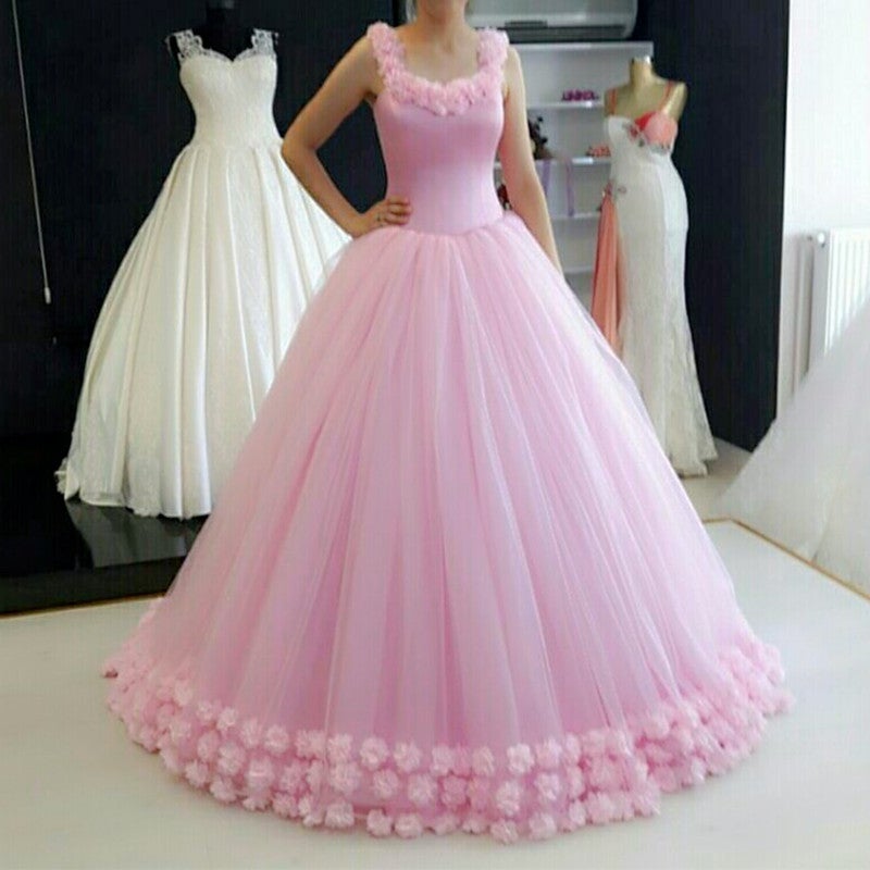 Spaghetti Straps Pink Flower Ball Gowns Quinceanera Dresses Bodice Corset-alinanova