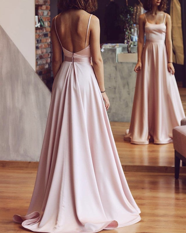 Spaghetti Straps Prom Long Dresses Satin Backless