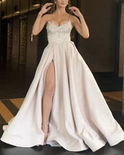 Load image into Gallery viewer, Spaghetti Straps Satin Prom Split Dresses Beaded Corset-alinanova
