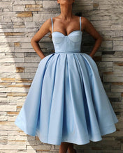Load image into Gallery viewer, Tea-Length-Bridesmaid-Dresses-Light-Blue-Satin-Party-Dress
