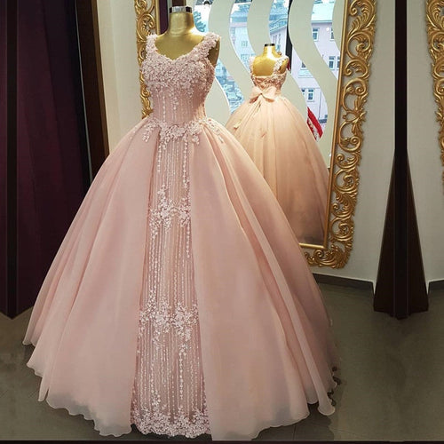 Spaghetti Straps V Neck Pink Tulle Wedding Dresses Ball Gowns-alinanova
