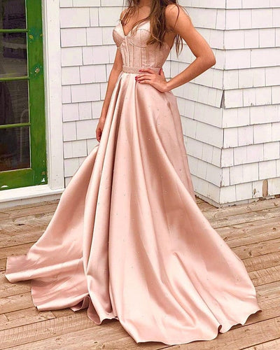 Spaghetti Straps V Neck Satin Prom Long Dresses Beaded Corset-alinanova