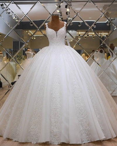 Spaghetti Straps Wedding Ball Gown Dresses Lace Embroidery-alinanova