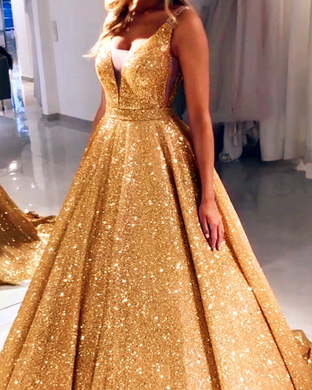 Ball Gown Sparkly Prom Dresses V Neck – alinanova