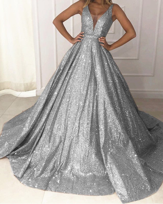 Ball Gown Sparkly Prom Dresses V Neck alinanova Ball Gown Sparkly Prom Dresses V Neck alinanova