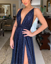 Load image into Gallery viewer, Sparkly Prom Long Dresses Plunge Neck Leg Slit
