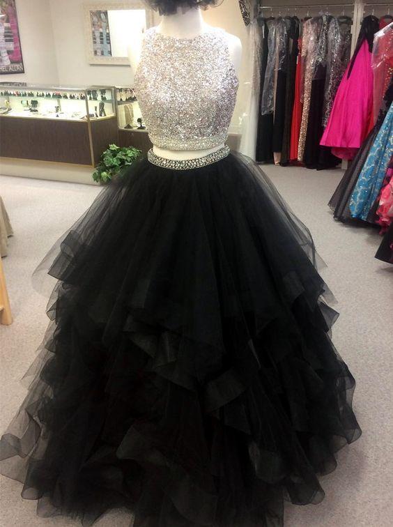 green emerald velvet dress Emerald Green Sequins Two Piece Prom Dress with Pockets – FancyVestido main image 1