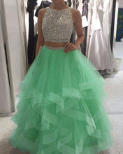 Load image into Gallery viewer, Sparkly Sequins Beaded Organza Layered Ball Gowns Prom Dresses Two Piece
