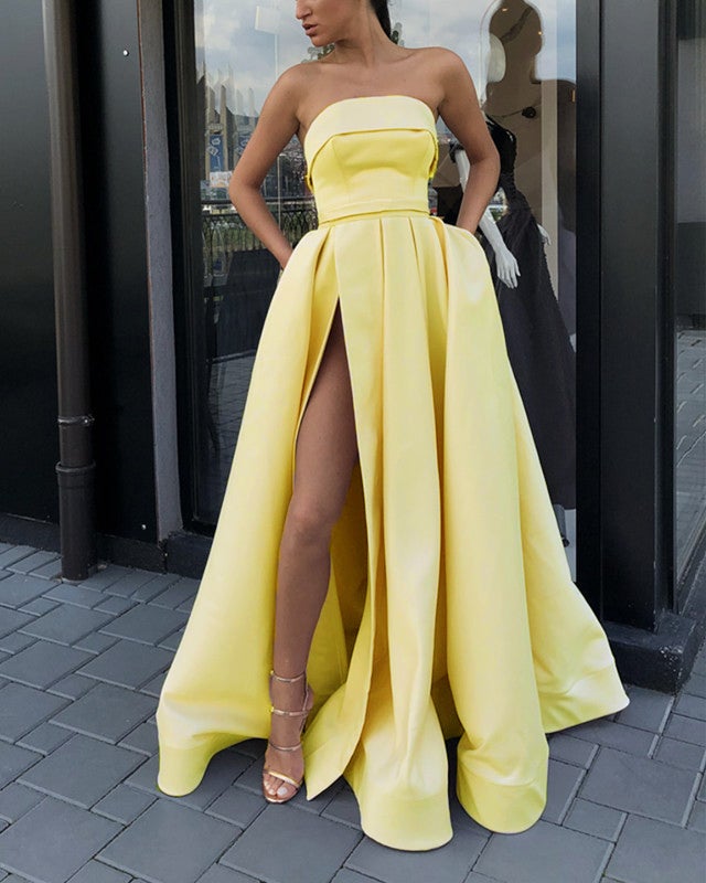 Strapless Bodice Corset Long Satin Split Evening Dresses alinanova Strapless Bodice Corset Long Satin Split Evening Dresses alinanova