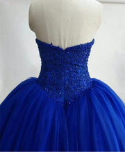 Load image into Gallery viewer, Strapless Royal Blue Tulle Ball Gowns Quinceanera Dress Lace Appliques Bodice Corset
