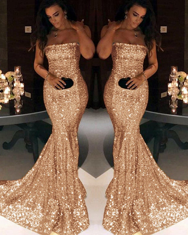 chanel gold dress Strapless Sequin Mermaid Prom Dresses – alinanova