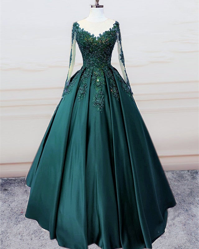 Stunning Ball Gown Prom Satin Dress Lace Sleeved Stunning Ball Gown Prom Satin Dress Lace Sleeved