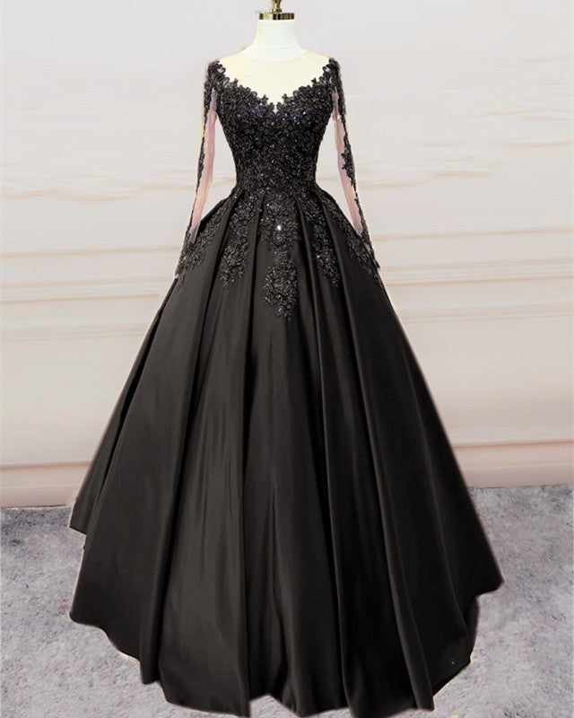 fitted lace wedding dress Stunning Ball Gown Prom Satin Dress Lace Sleeved