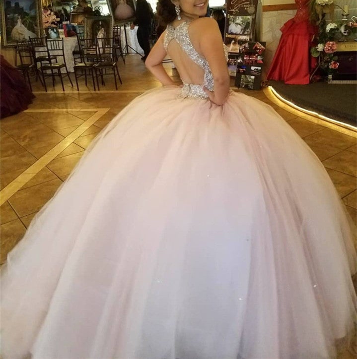 Stunning Sequins Beaded Keyhole Back Tulle Ball Gowns Quinceanera Dresses Stunning Sequins Beaded Keyhole Back Tulle Ball Gowns Quinceanera Dresses