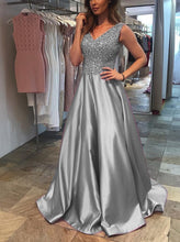 Load image into Gallery viewer, Stunning Sequins Beaded V Neck Long Satin Prom Evening Gowns
