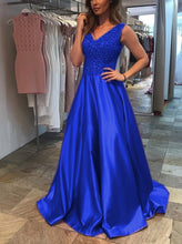 Load image into Gallery viewer, Stunning Sequins Beaded V Neck Long Satin Prom Evening Gowns
