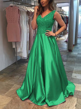 Load image into Gallery viewer, Stunning Sequins Beaded V Neck Long Satin Prom Evening Gowns
