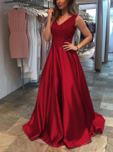 Load image into Gallery viewer, Stunning Sequins Beaded V Neck Long Satin Prom Evening Gowns
