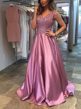 Load image into Gallery viewer, Stunning Sequins Beaded V Neck Long Satin Prom Evening Gowns
