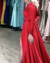 Load image into Gallery viewer, Red-Formal-Dresses-Long-Leg-Slit-Prom-Gowns
