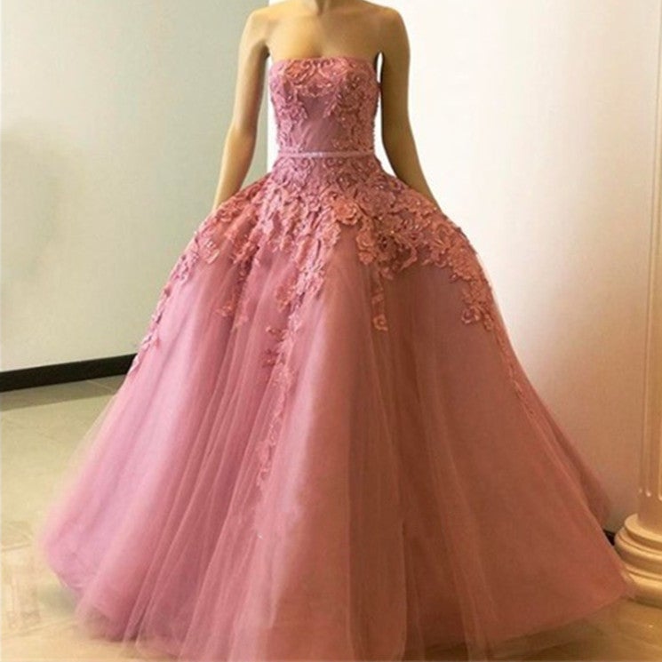 Stylish Lace Embroidery Strapless Tulle Ball Gown Prom Dress alinanova Stylish Lace Embroidery Strapless Tulle Ball Gown Prom Dress alinanova