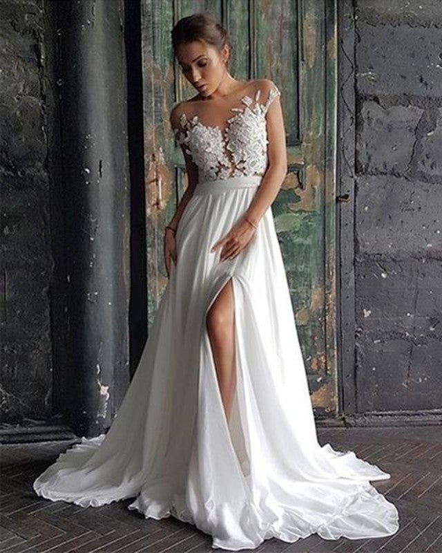 Summer Wedding Dress Chiffon Sweep Train Leg Slit Lace Cap Sleeves Summer Wedding Dress Chiffon Sweep Train Leg Slit Lace Cap Sleeves