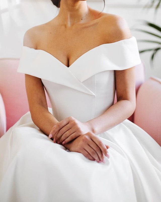 white christmas dresses Sweep Train Satin Wedding Dress Off Shoulder – alinanova