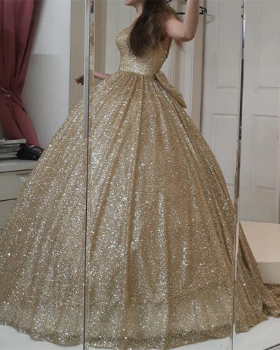 Sweetheart Bow Back Sequins Ball Gowns Prom Dresses-alinanova