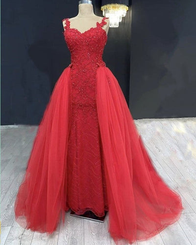 Sweetheart Mermaid Prom Dresses Lace Beaded Removable Skirt-alinanova