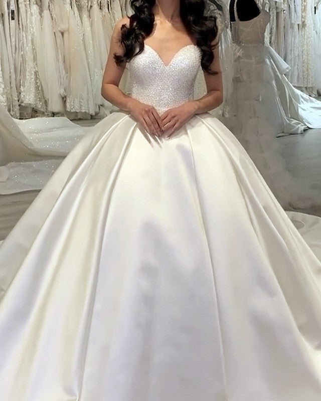 Sweetheart Wedding Dress Pearl Beaded Satin Ball Gown-alinanova