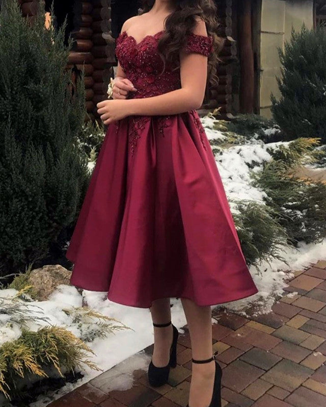 Tea Length Prom Evening Dress Off Shoulder