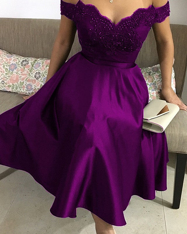 Tea Length Bridesmaid Dresses Lace Appliques Off Shoulder