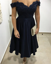 Load image into Gallery viewer, Navy-Blue-Bridesmaid-Dresses-Tea-Length-Party-Dresses
