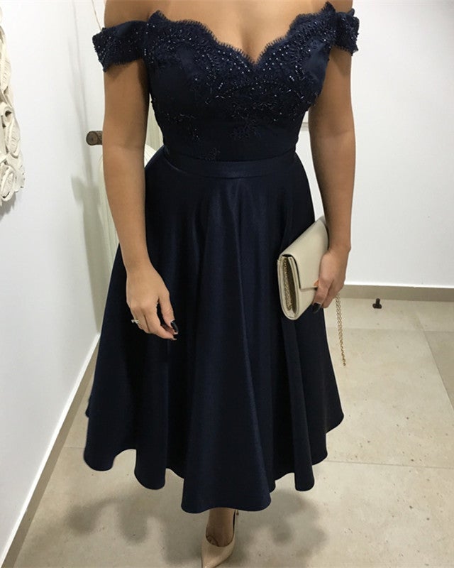 Tea Length Bridesmaid Dresses Lace Appliques Off Shoulder alinanova Tea Length Bridesmaid Dresses Lace Appliques Off Shoulder alinanova