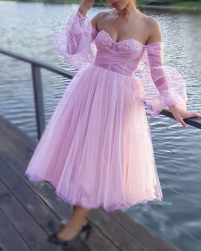 Tea Length Cottagecore Wedding Dress Puffy Sleeves