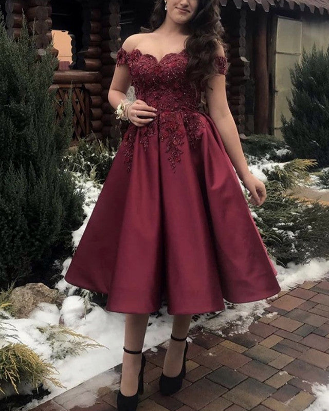 burgundy tea length dress LaDivine 7499 A Line Formal Prom glamorous evening galas Burgundy Tea Length Mother Of