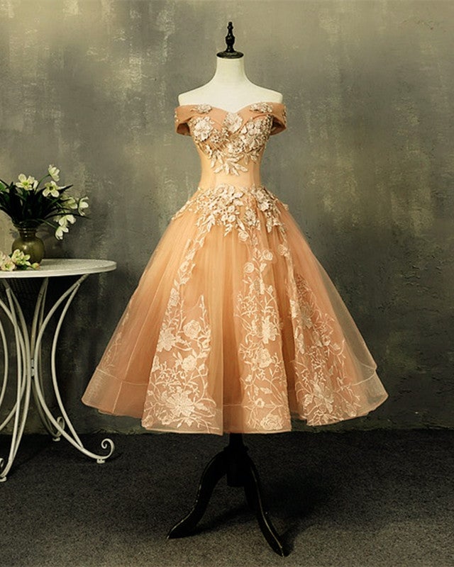 Tea Length Prom Dresses Tulle Lace Embroidery Ball Gown Off Shoulder Tea Length Prom Dresses Tulle Lace Embroidery Ball Gown Off Shoulder