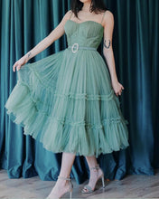 Load image into Gallery viewer, Sage Green Cottagecore Dress Tea Length
