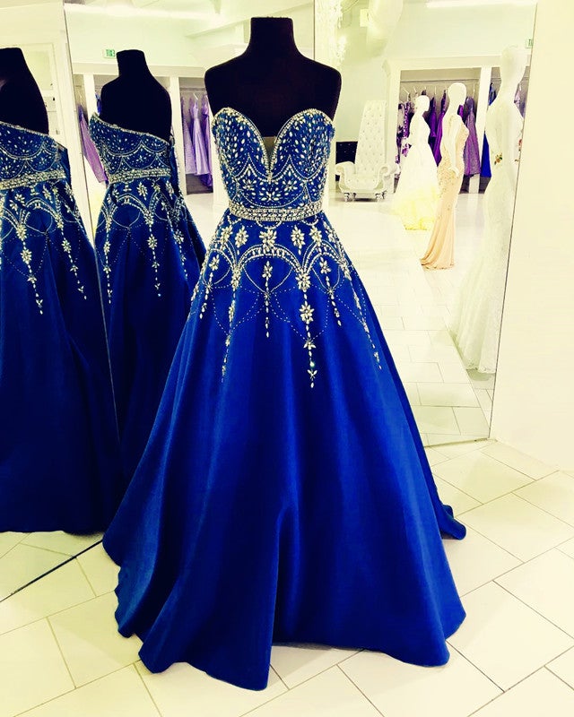 Teal Green Ball Gown Satin Prom Dresses Sweetheart Beaded