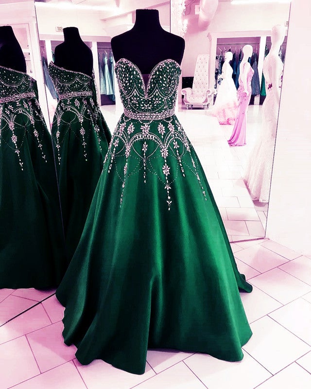 Teal Green Ball Gown Satin Prom Dresses Sweetheart Beaded