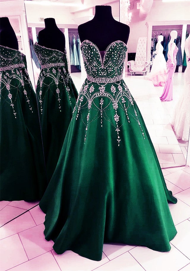 Teal Green Ball Gown Satin Prom Dresses Sweetheart Beaded