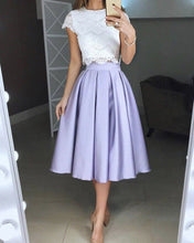 Load image into Gallery viewer, Lilac Satin Tea Length Bridesmaid Dresses Lace Crop
