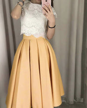Load image into Gallery viewer, Gold Satin Tea Length Bridesmaid Dresses Lace Crop
