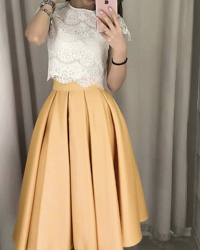 gold tea length bridesmaid dresses Tea Length Bridesmaid Dresses Lace Crop Top
