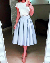 Load image into Gallery viewer, Light Blue Satin Tea Length Bridesmaid Dresses Lace Crop
