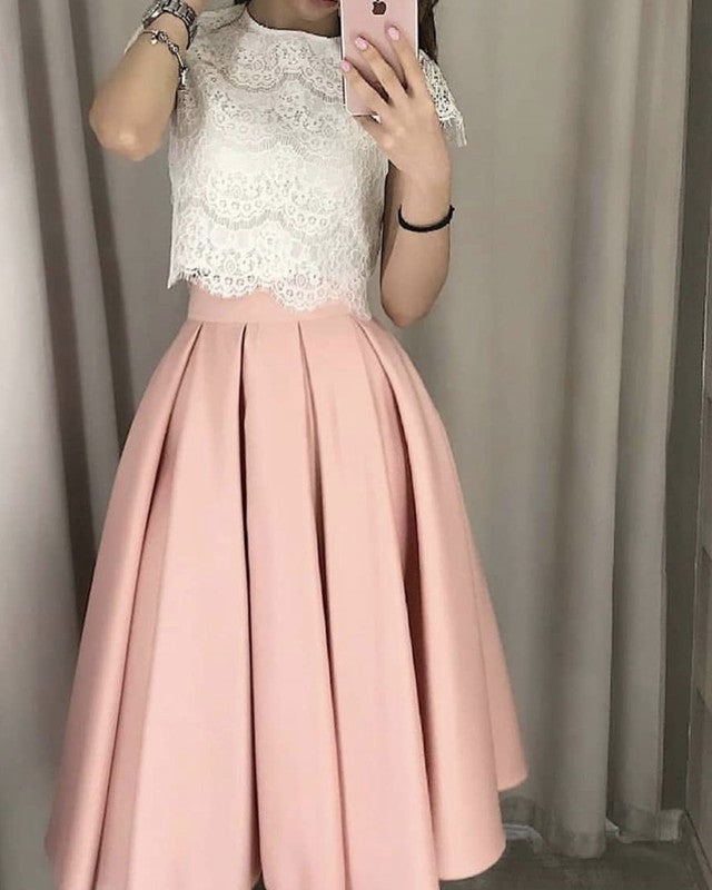 Pink Satin Tea Length Bridesmaid Dresses Lace Crop