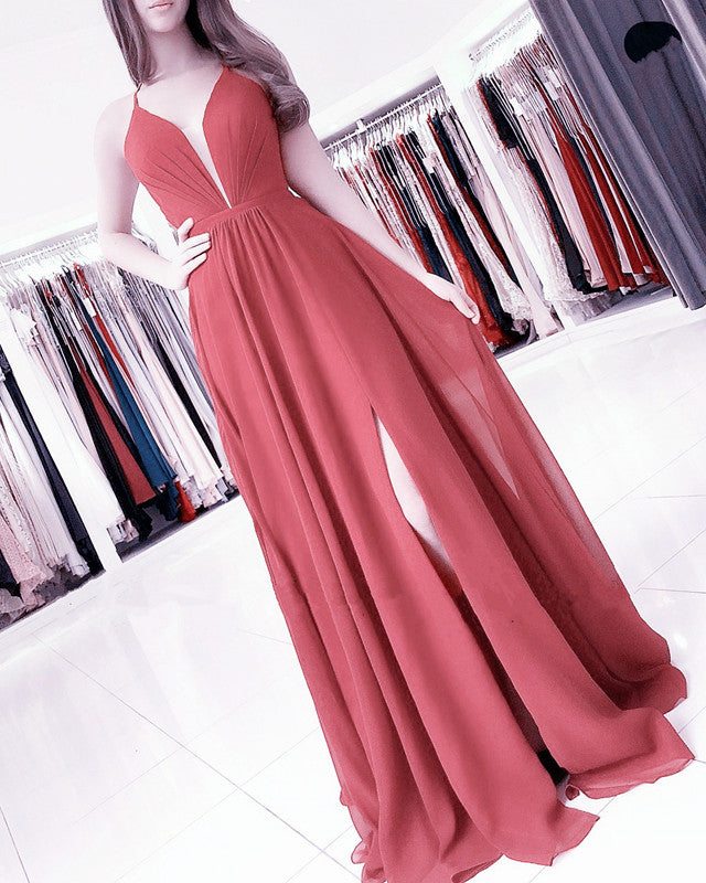 terracotta bridesmaid dresses Sexy Plunge Neck Side Split Chiffon Elegant cowl neckline creates care-instructions::performance-care Size Category:Boys Men Dress Combination Casual