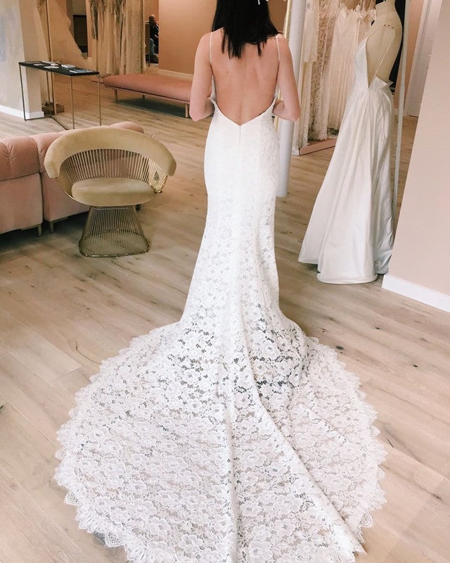 Trumpet /Mermaid V-neck Backless Lace Wedding Dresses